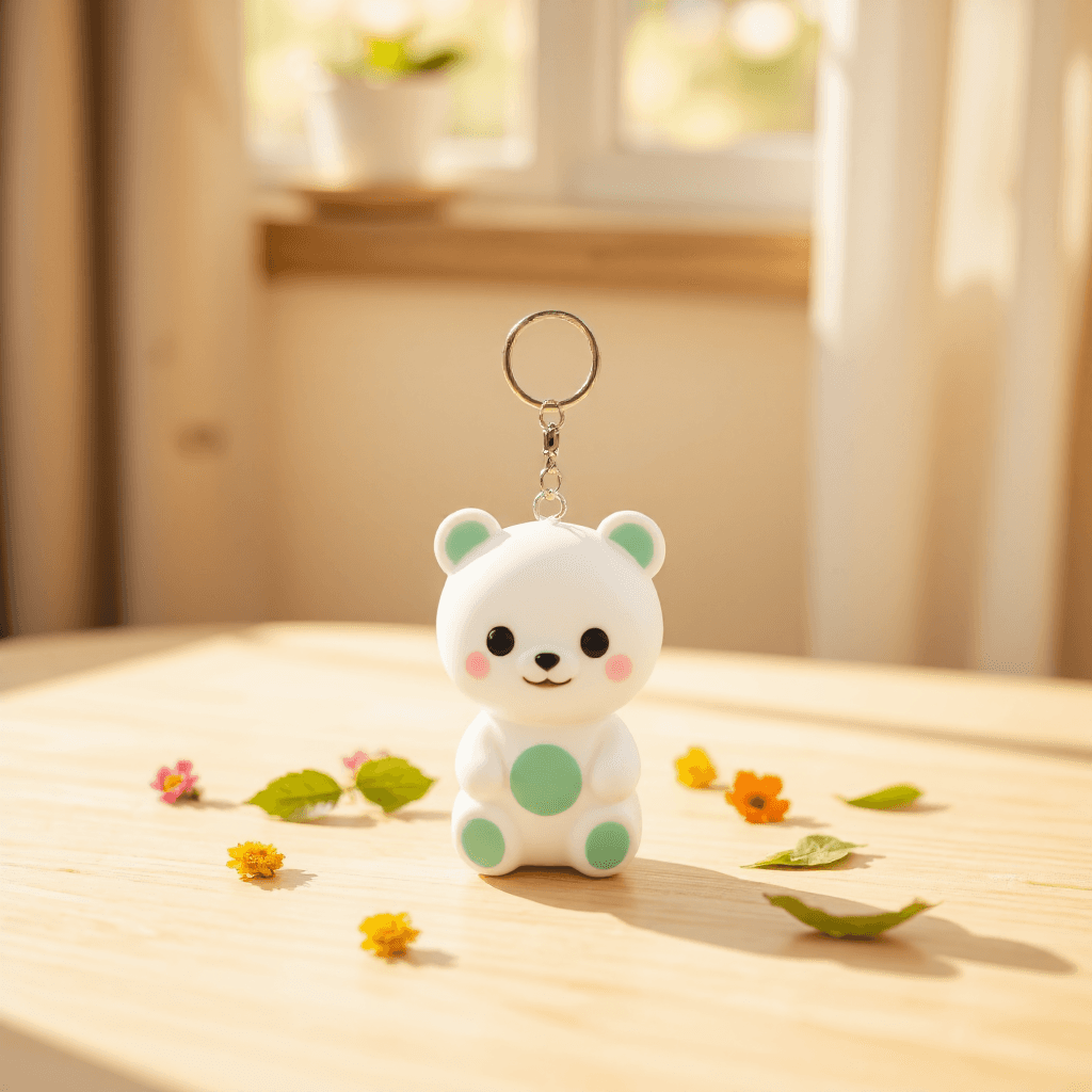product photography of a keychain with a cute bear design