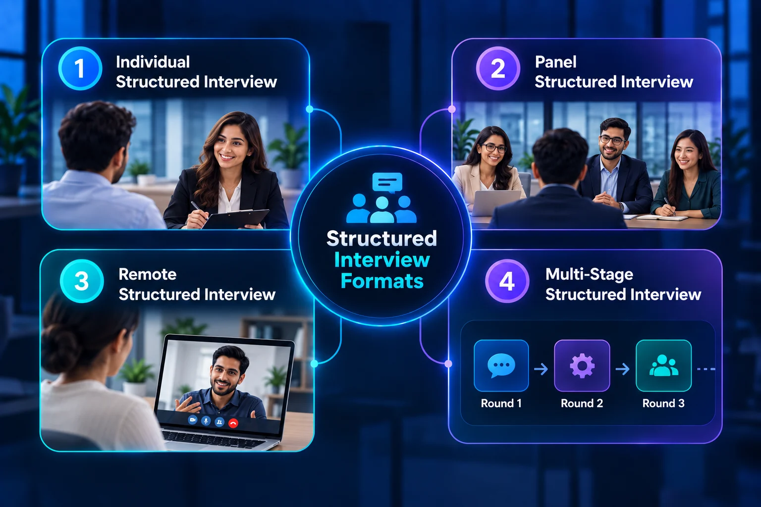 Structured interview formats including individual, panel, remote, and multi-stage interviews.