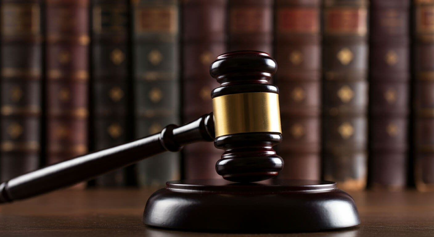 Closeup image of a gavel resting atop a desk with law books in the background.