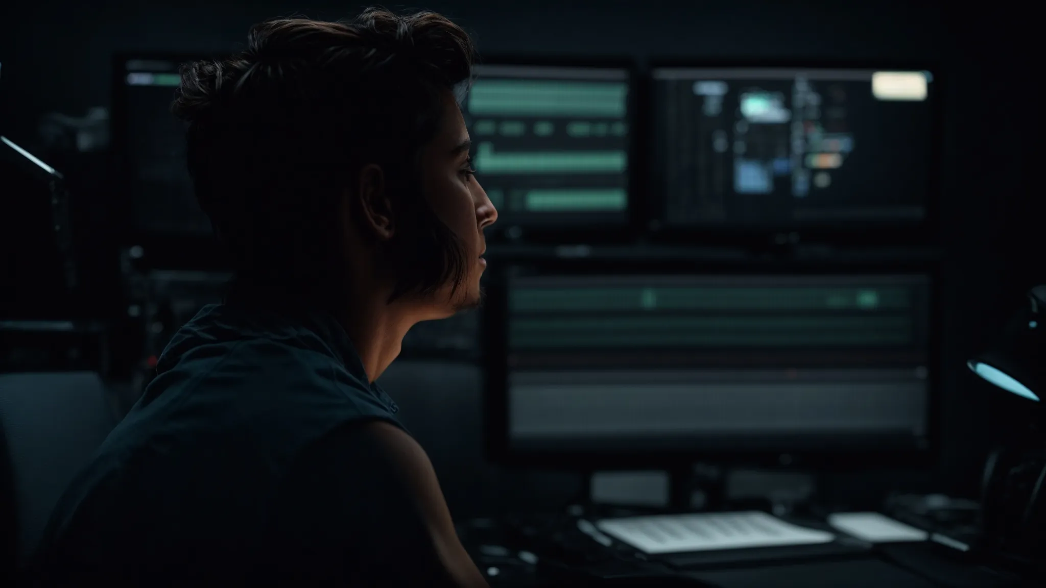 a film editor intensely focused on a screen, seamlessly blending scenes in a dark editing suite.