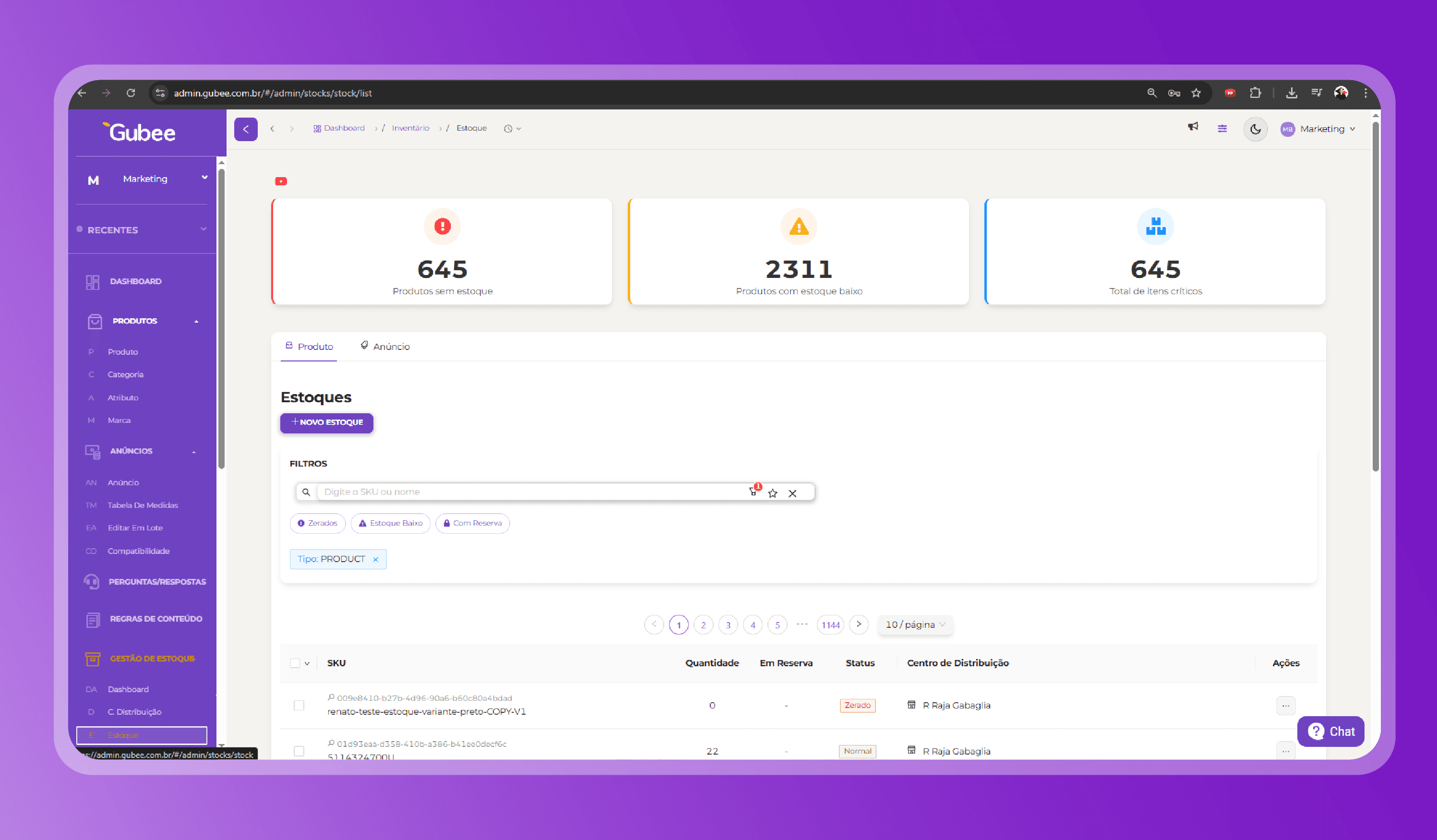 Estoques no Painel Gubee