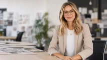 Cleo, die digitale KI Assistentin, nette professionelle Frau in einem Büro