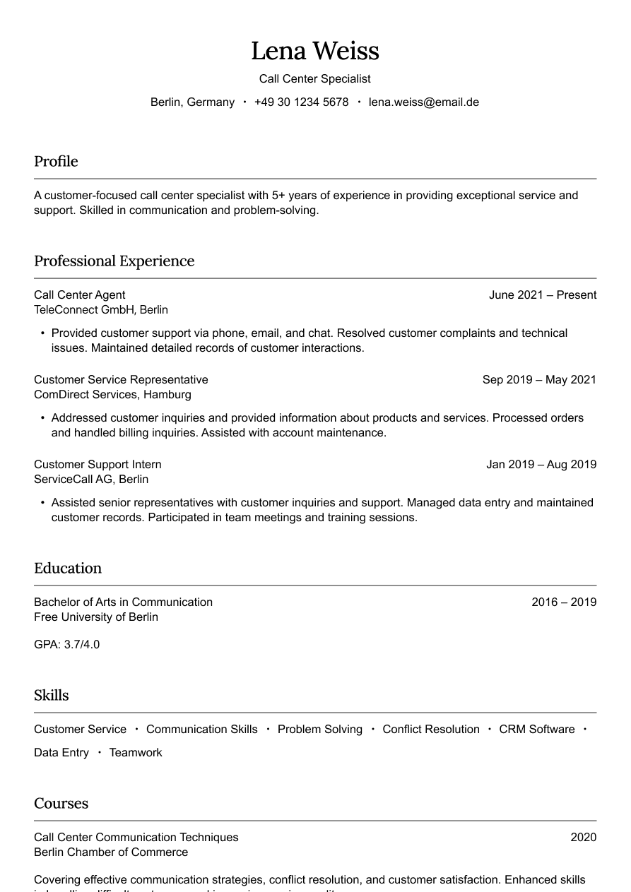Call center customer service resume example