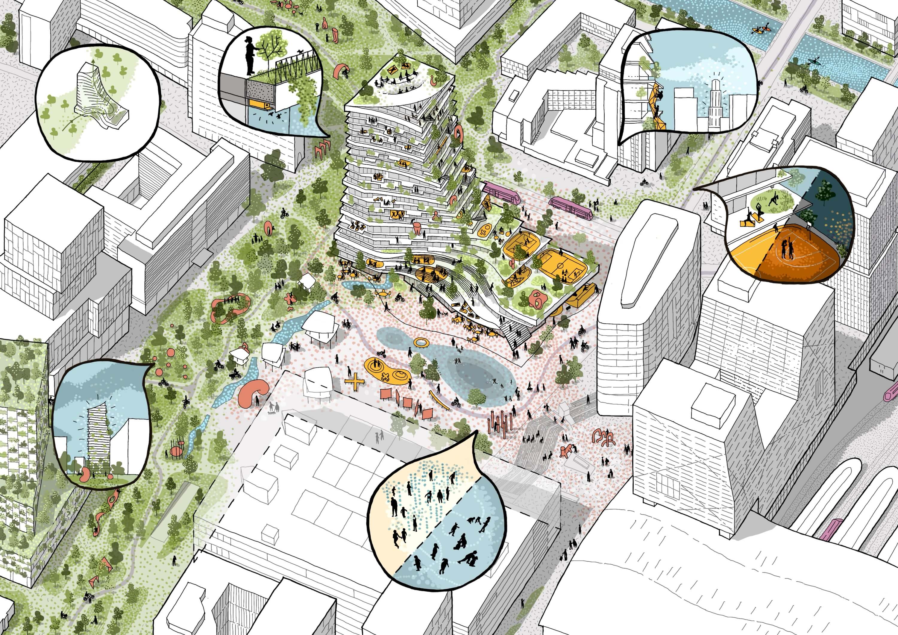 A colorful board game layout featuring various paths, squares, and vibrant illustrations for player interactions.