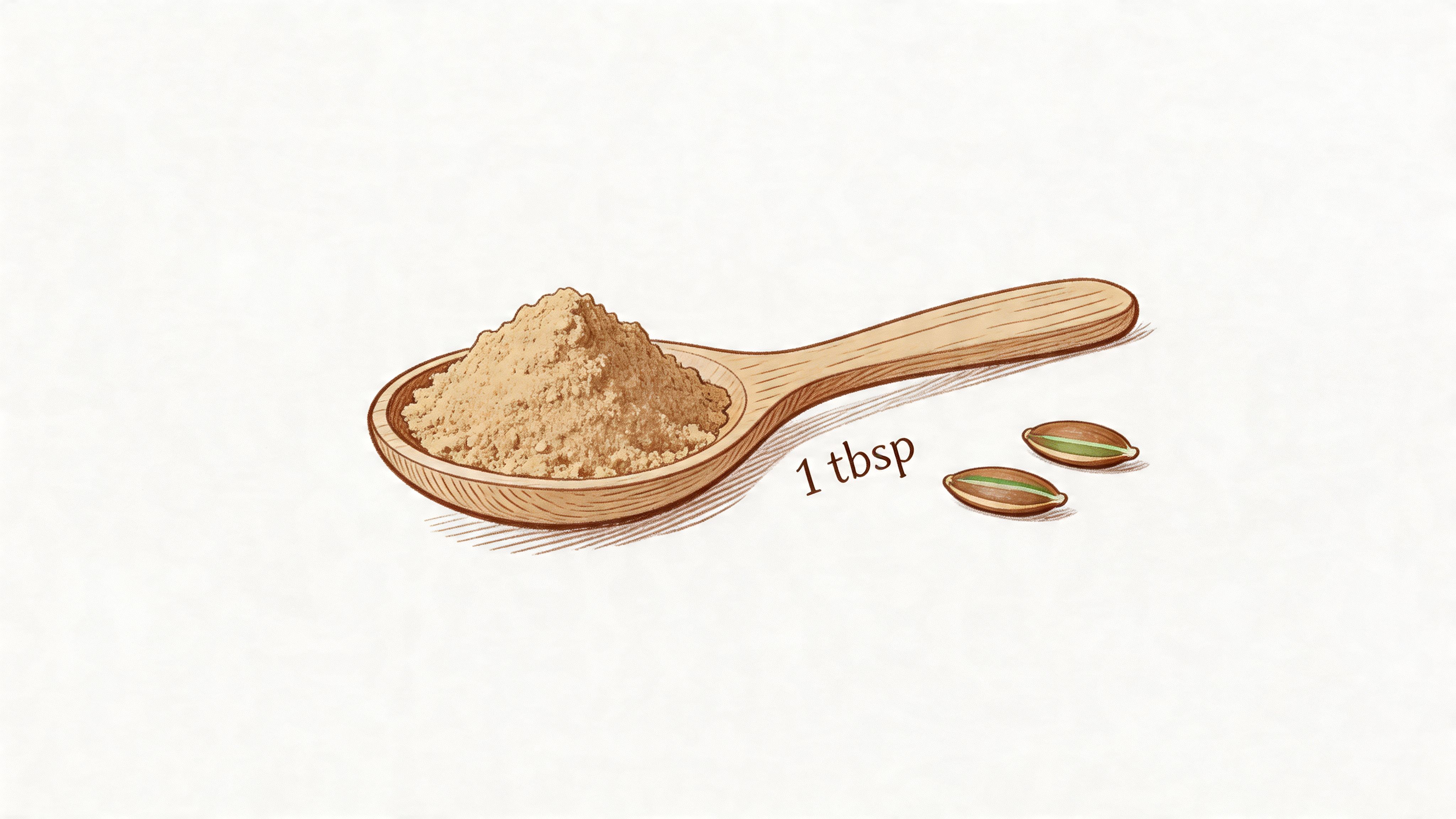 A wooden spoon filled with ground flaxseed next to two whole flaxseeds on a white surface.