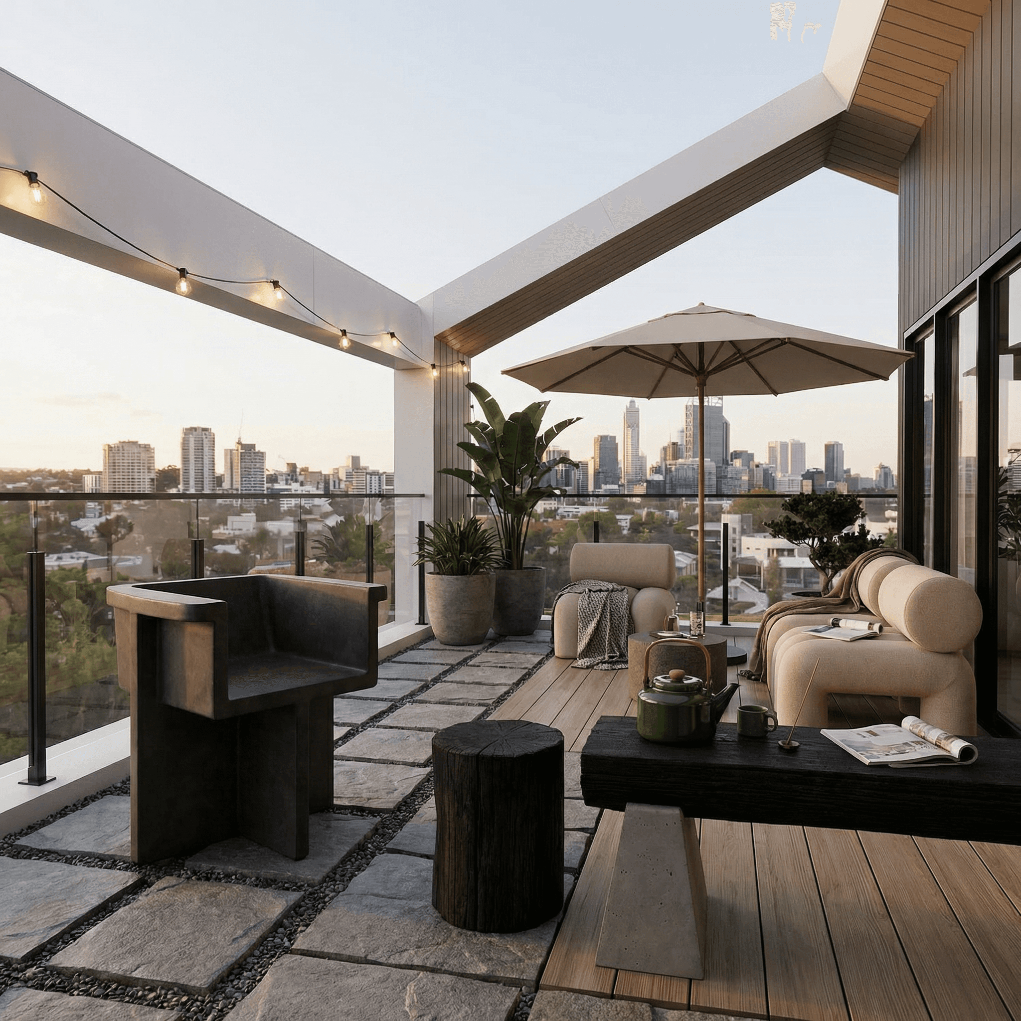 Outdoor corridor with brick arch windows, stucco grid wall, wooden pergola, and dramatic sunlight shadows.