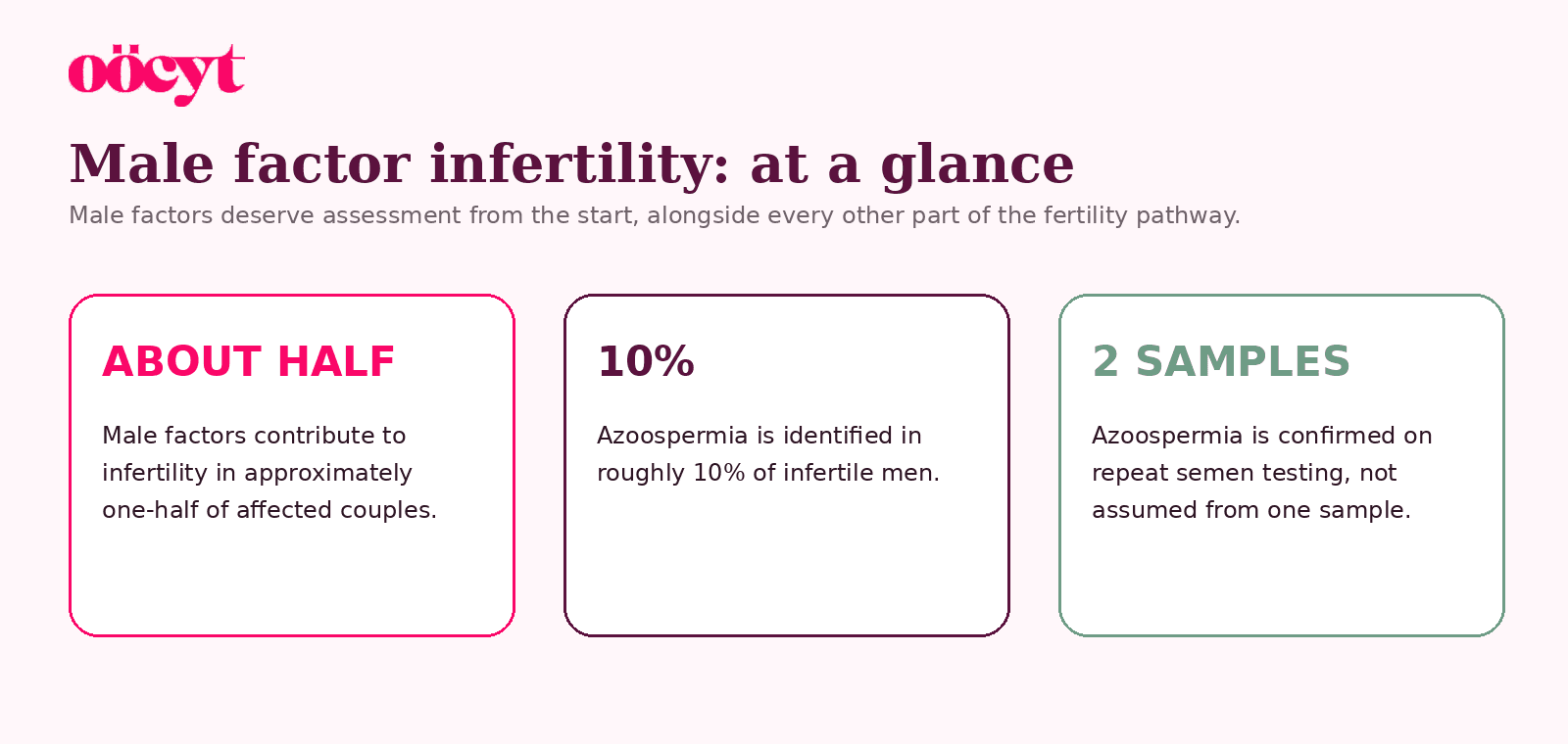 Three cards explain that male factors contribute to about half of infertility cases, azoospermia affects roughly 10 percent of infertile men, and repeat testing is needed to confirm azoospermia.