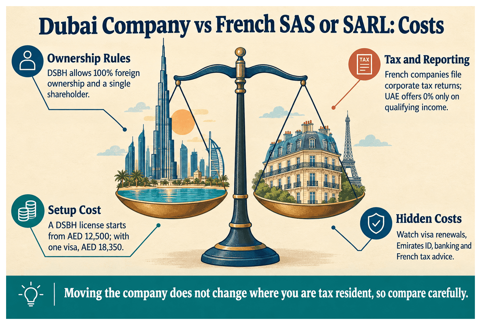 Infographic: Dubai Company Against a French SAS or SARL: Cost and Reporting Compared