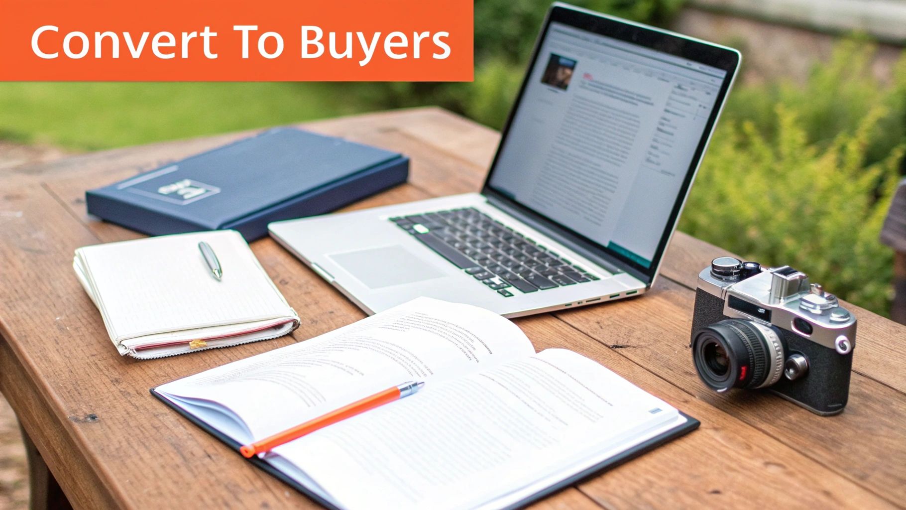 An outdoor wooden table with a laptop, open book, notebook, pen, and vintage camera.