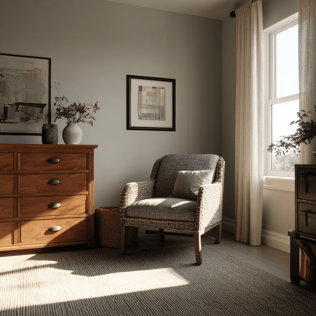 A cozy bedroom featuring a dresser, a chair, and a framed picture hanging on the wall.