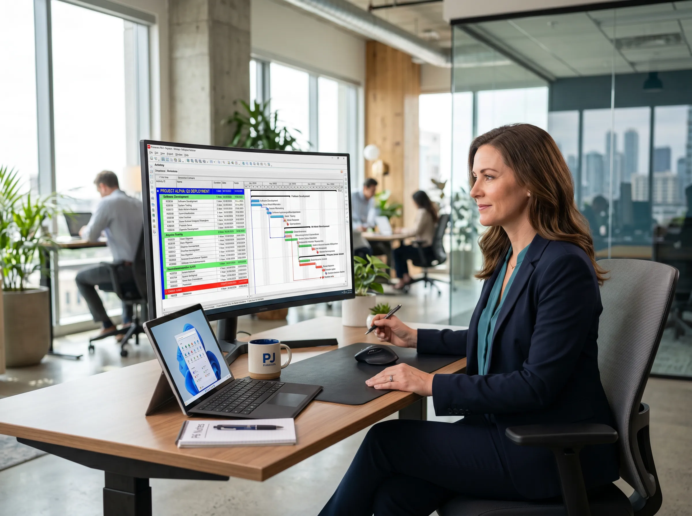 A woman in a modern office sits at a desk, working on a computer displaying a solar asset portfolio dashboard with charts and data.