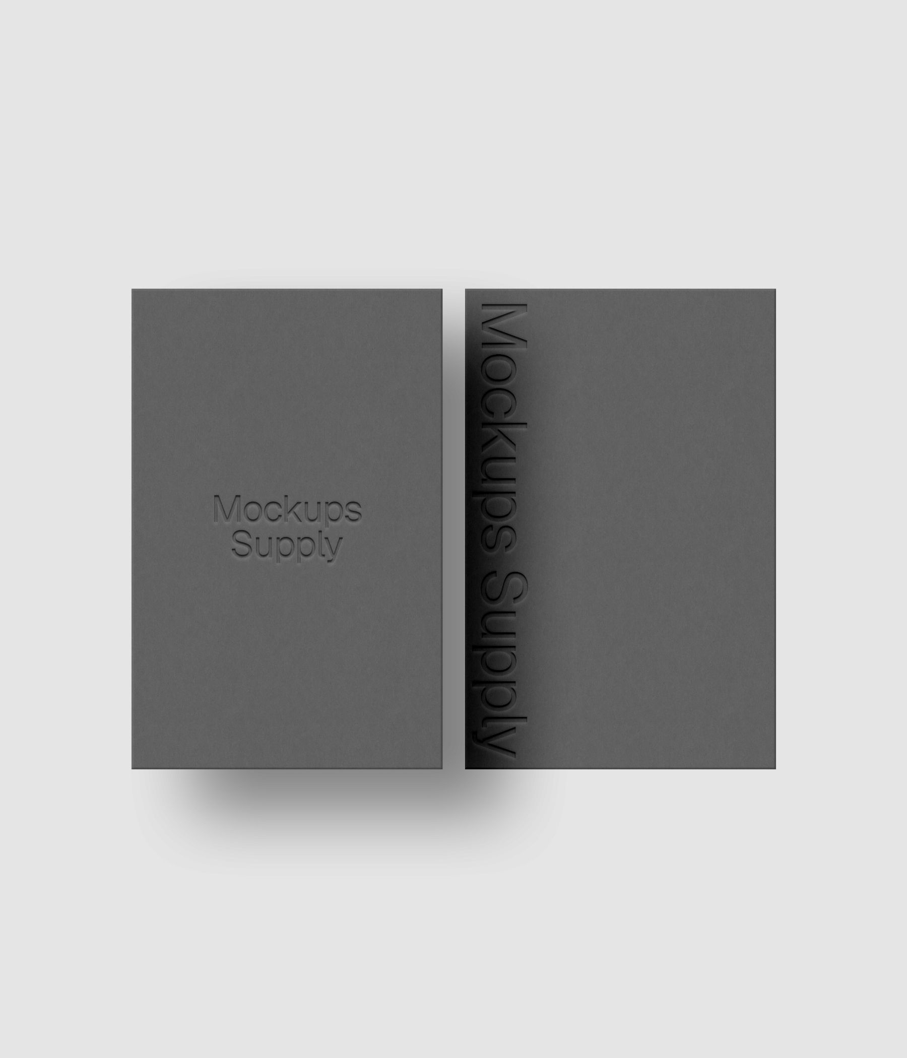 Two European business cards mockup PSD with debossed logo and soft shadow, gray cards on white background, clean modern stationery mockup for brand identity