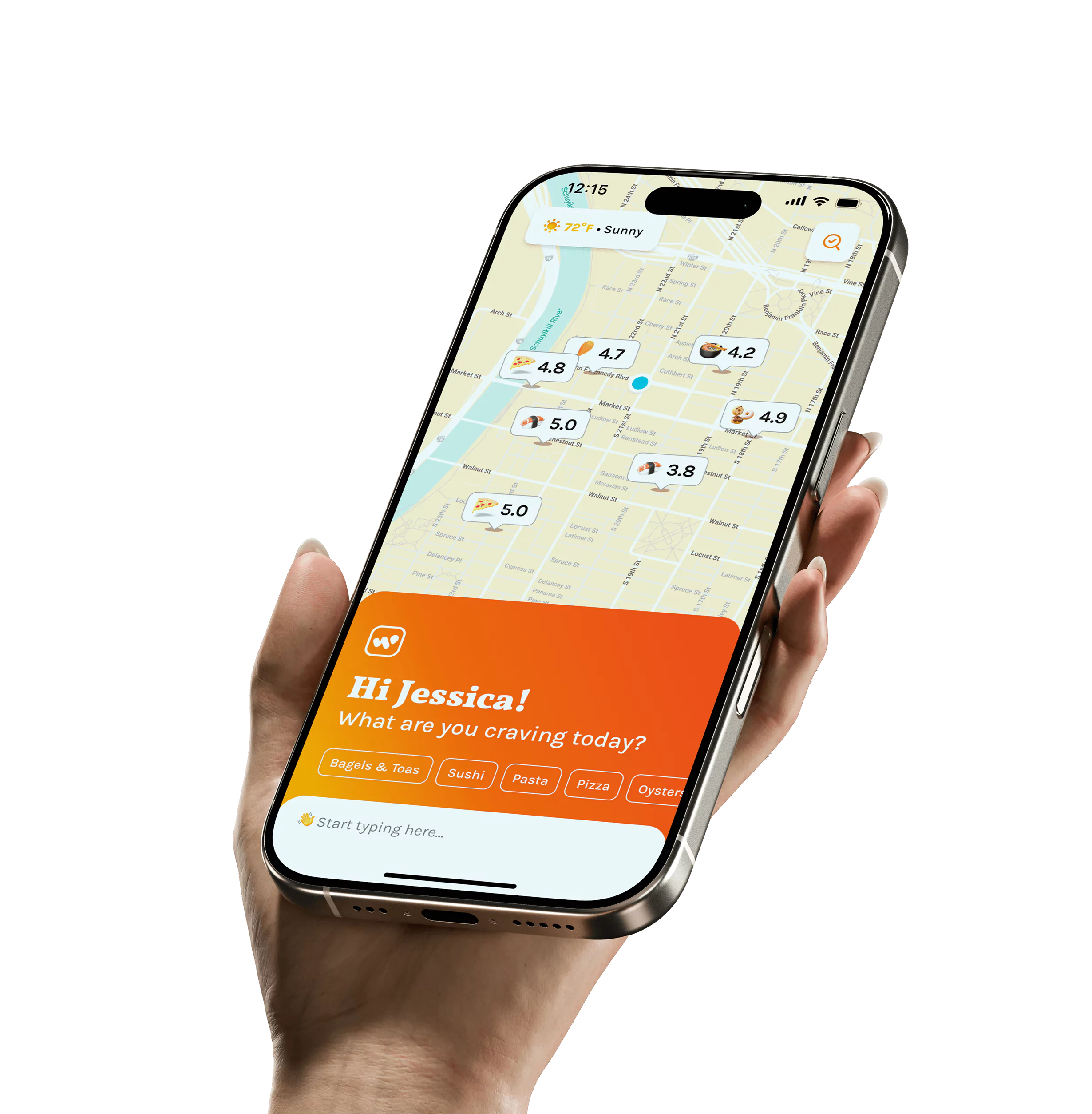 phone in hand with WIvibo app and user greeting on the screen