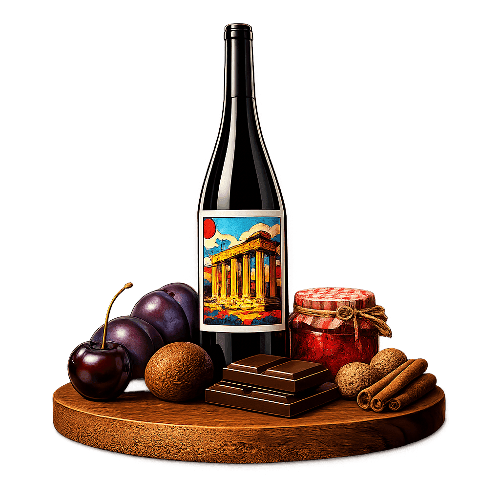 Artistic label and flavor profile for Nemea Agiorgitiko on a rustic wooden table.