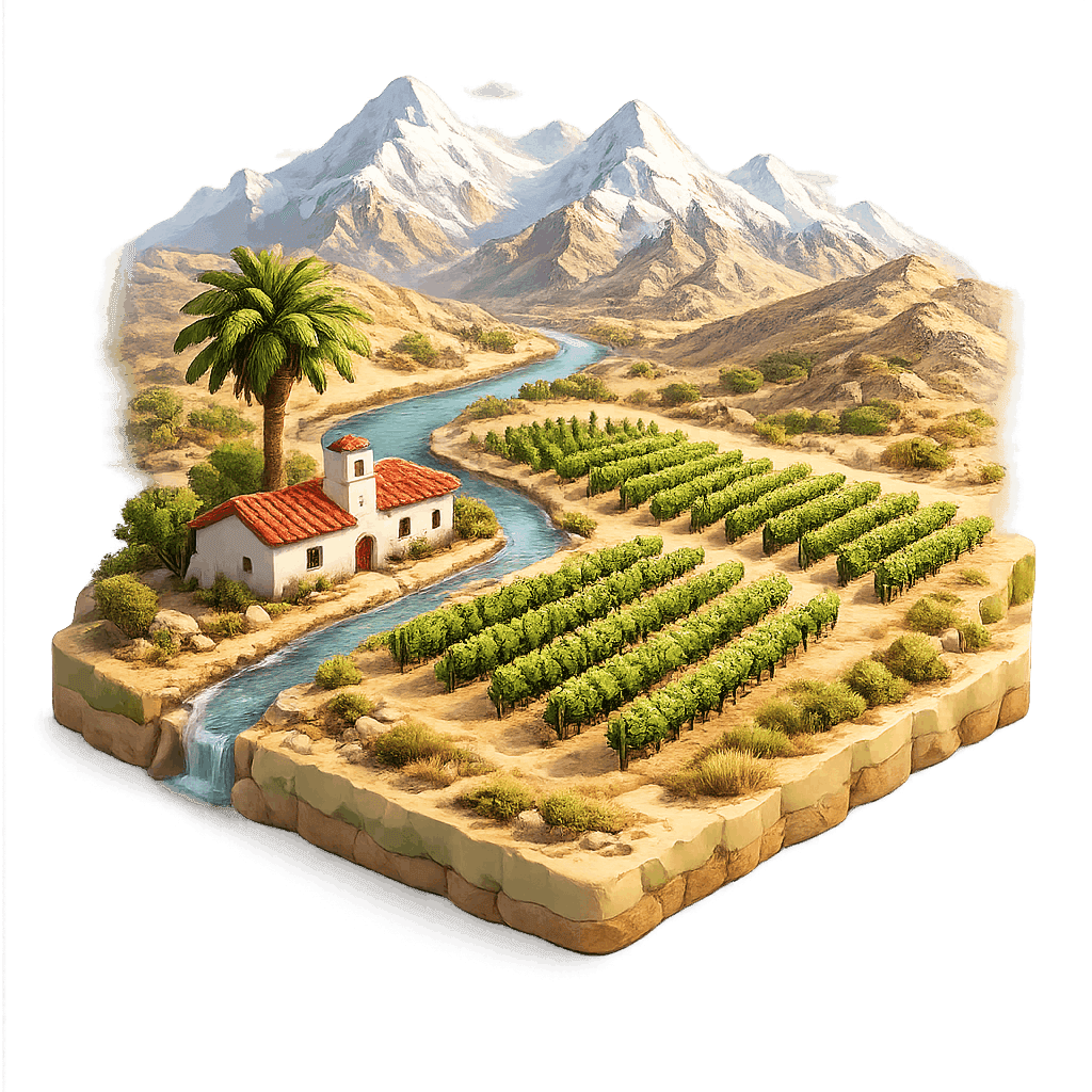 Artistic illustration of the Aconcagua Valley wine region.