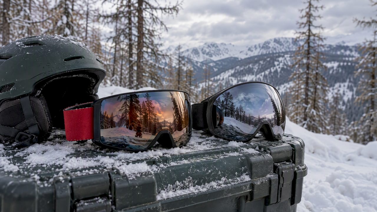 Ski goggles and a helmet resting on snow