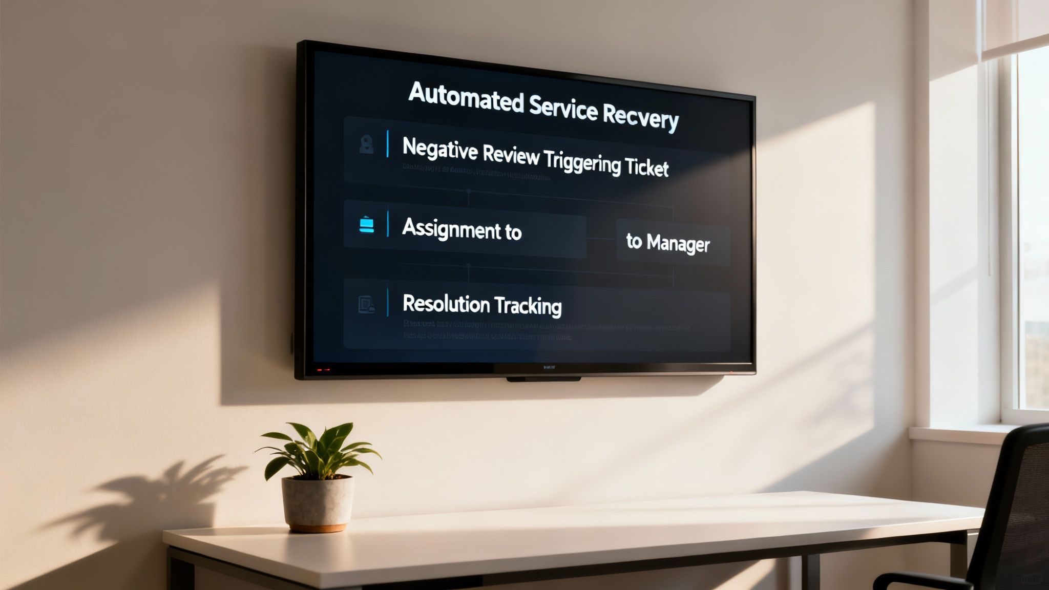 A TV screen displays 'Automated Service Recovery' steps, including negative review ticket creation and resolution tracking, in a modern office.