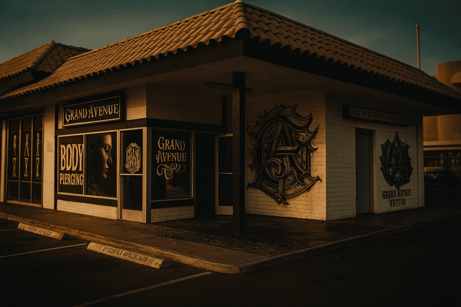 Exterior of Grand Avenue Tattoo & Piercings on Camelback Road in Phoenix, featuring easy parking and a welcoming storefront at sunset.