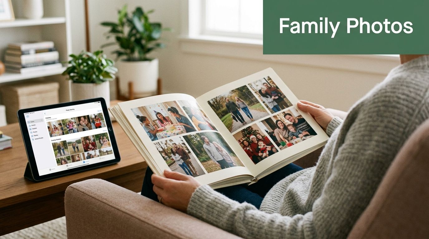A person sitting on a sofa looking through a physical family photo album next to a digital tablet.