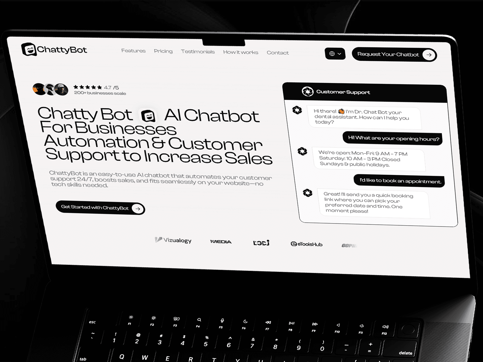 A vibrant screenshot of the ChattyBot homepage, showcasing a sleek AI chatbot interface with a modern design, featuring a call-to-action button and branding elements.