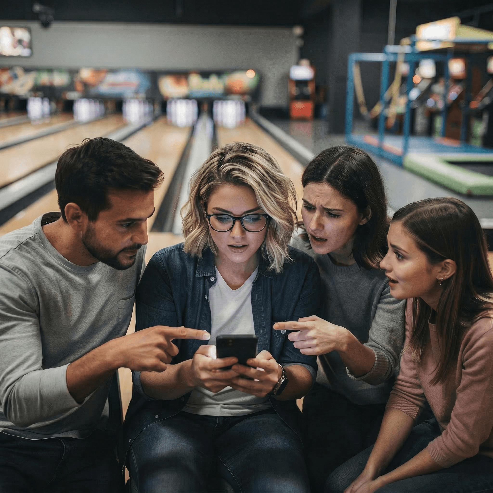A young person with curly hair smiles at the camera while sitting in front of a laptop against a dark background.