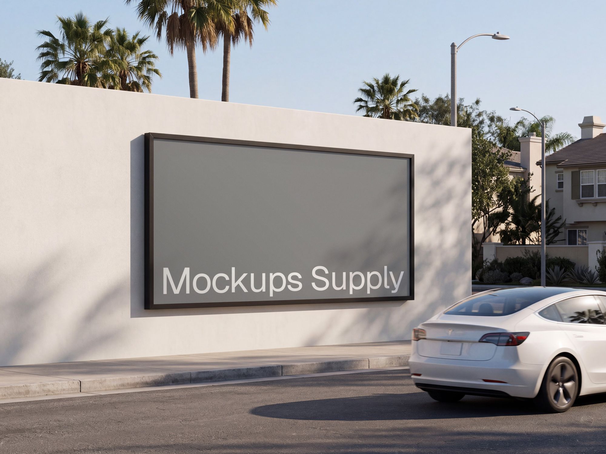 Suburban palm tree street with a landscape billboard mockup