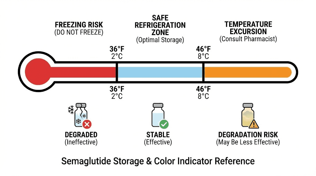 Semaglutide storage temperature guide showing safe refrigeration range and danger zones