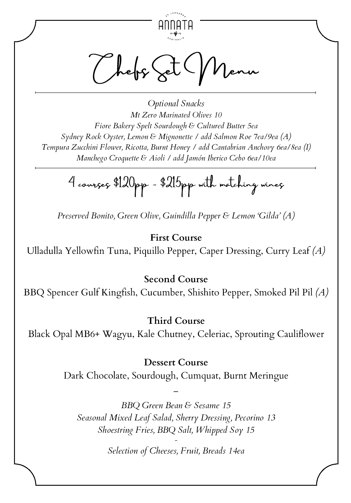 Menu with wine pairing at Annata