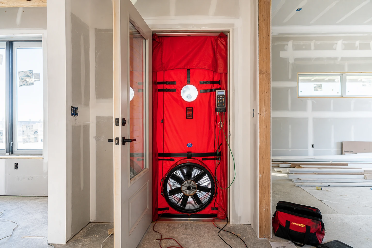 Technician performing a blower door test on a new construction home in North Carolina