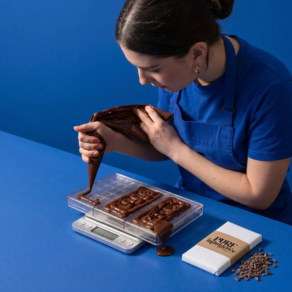 A professional pastry chef meticulously decorating gourmet chocolates on a blue workspace. By a branding expert.