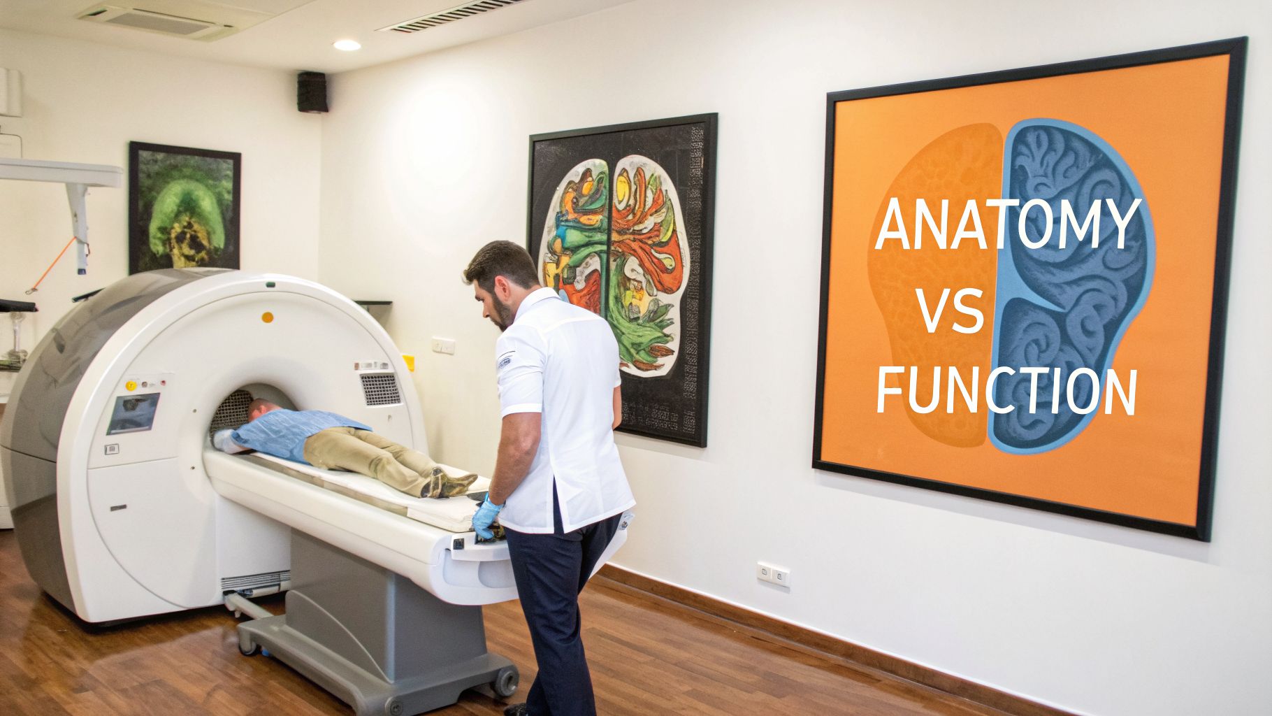 A medical professional assists a patient entering an fMRI scanner in a clinic with brain-themed artwork.