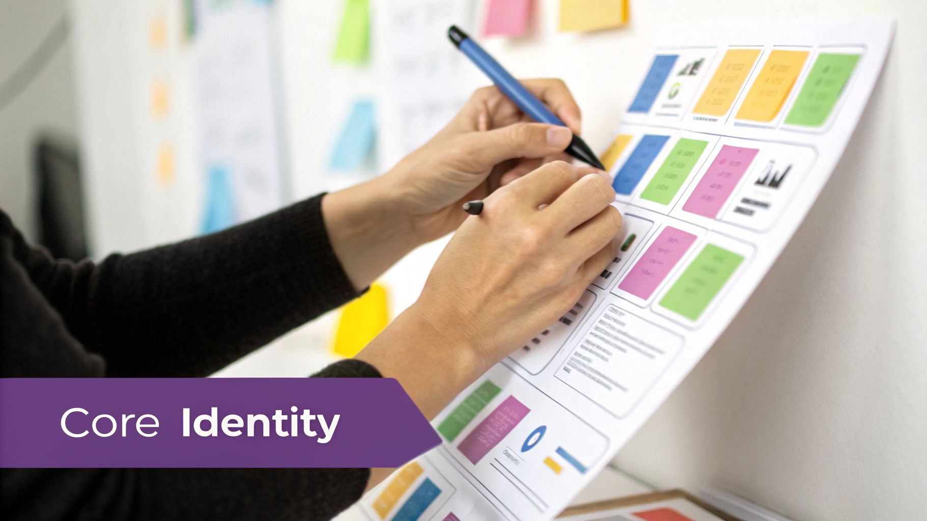Close-up of hands writing on a visual strategy document with colorful notes and 'Core Identity' text.