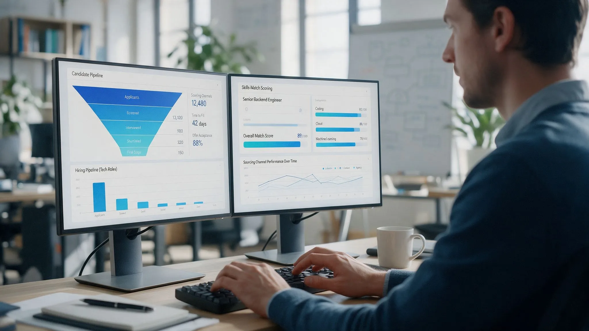 IT recruiter reviewing a hiring intelligence dashboard with candidate pipeline funnel, skills-match scoring, and sourcing channel analytics on dual monitors