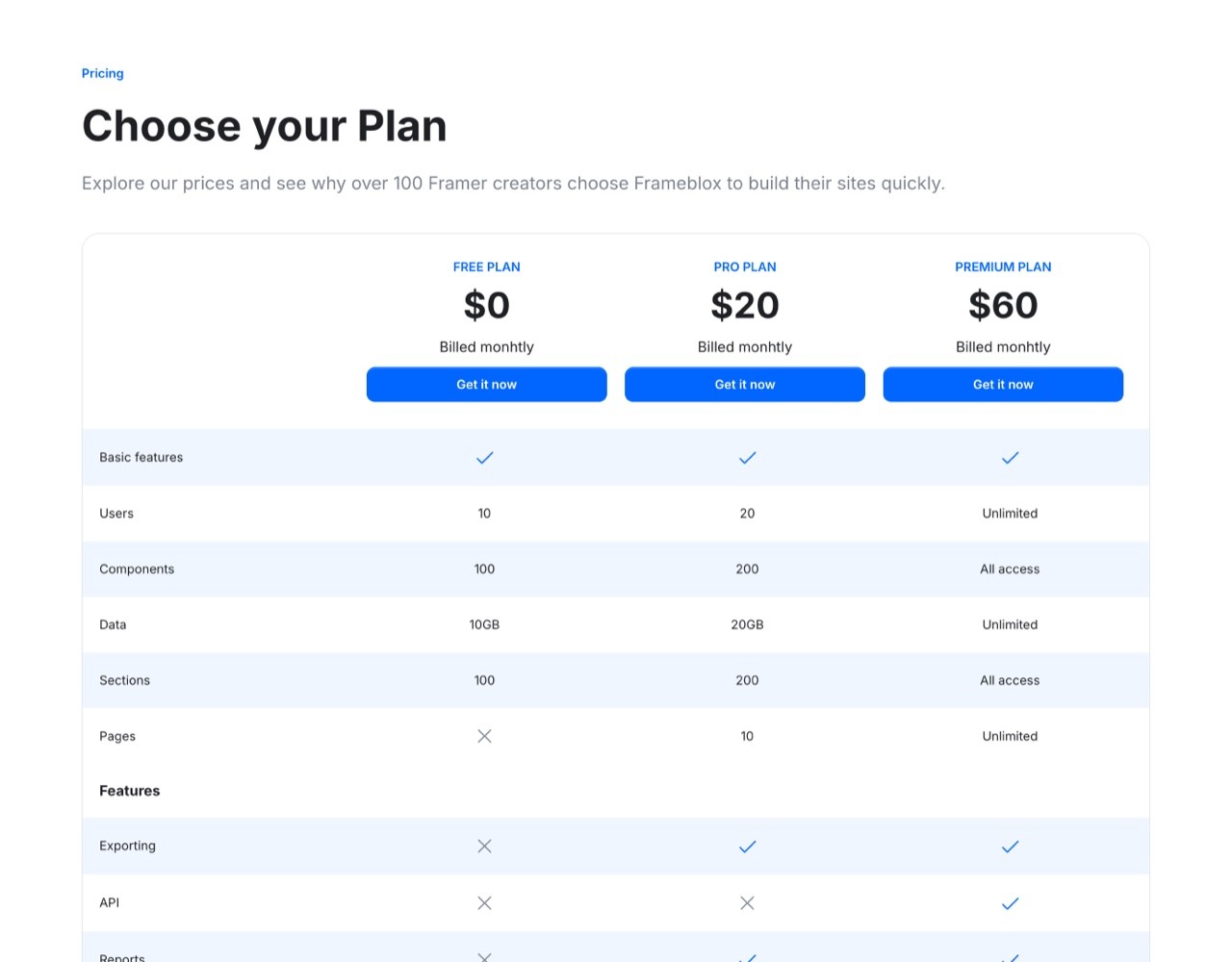 Framer Pricing Section - Frameblox UI