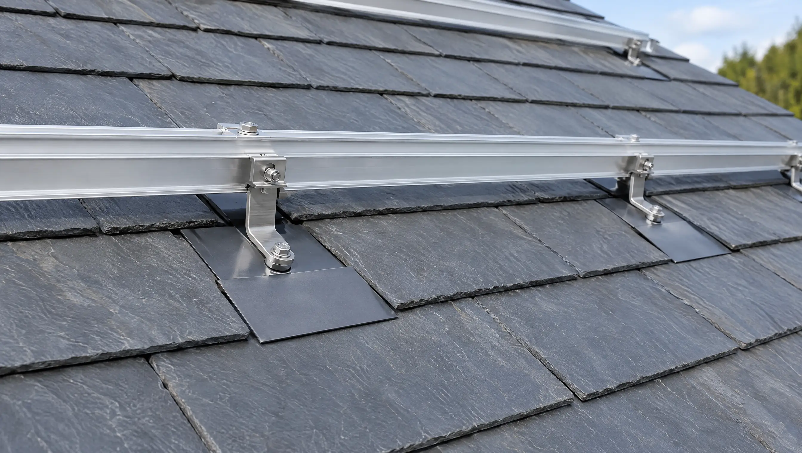 Solar mounting rails fixed to roof hooks with flashing plates on a newly laid slate roof, ready for the panels to go back on