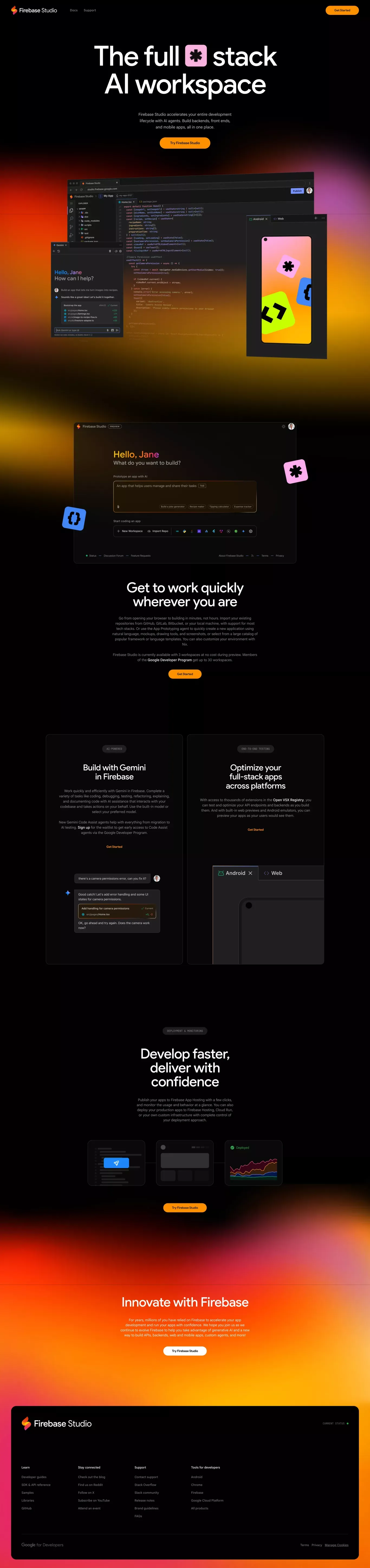 Firebase Studio landing page screenshot showcasing AI and Tech design