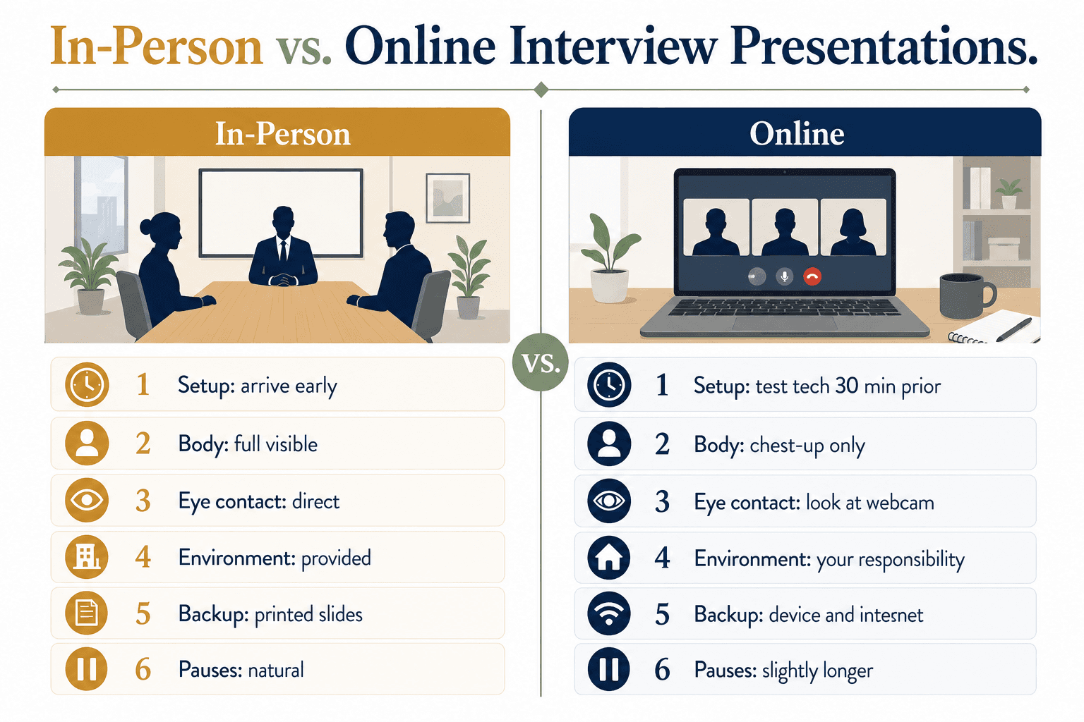 Two-column comparison infographic showing how in-person and online interview presentations differ across 6 factors.