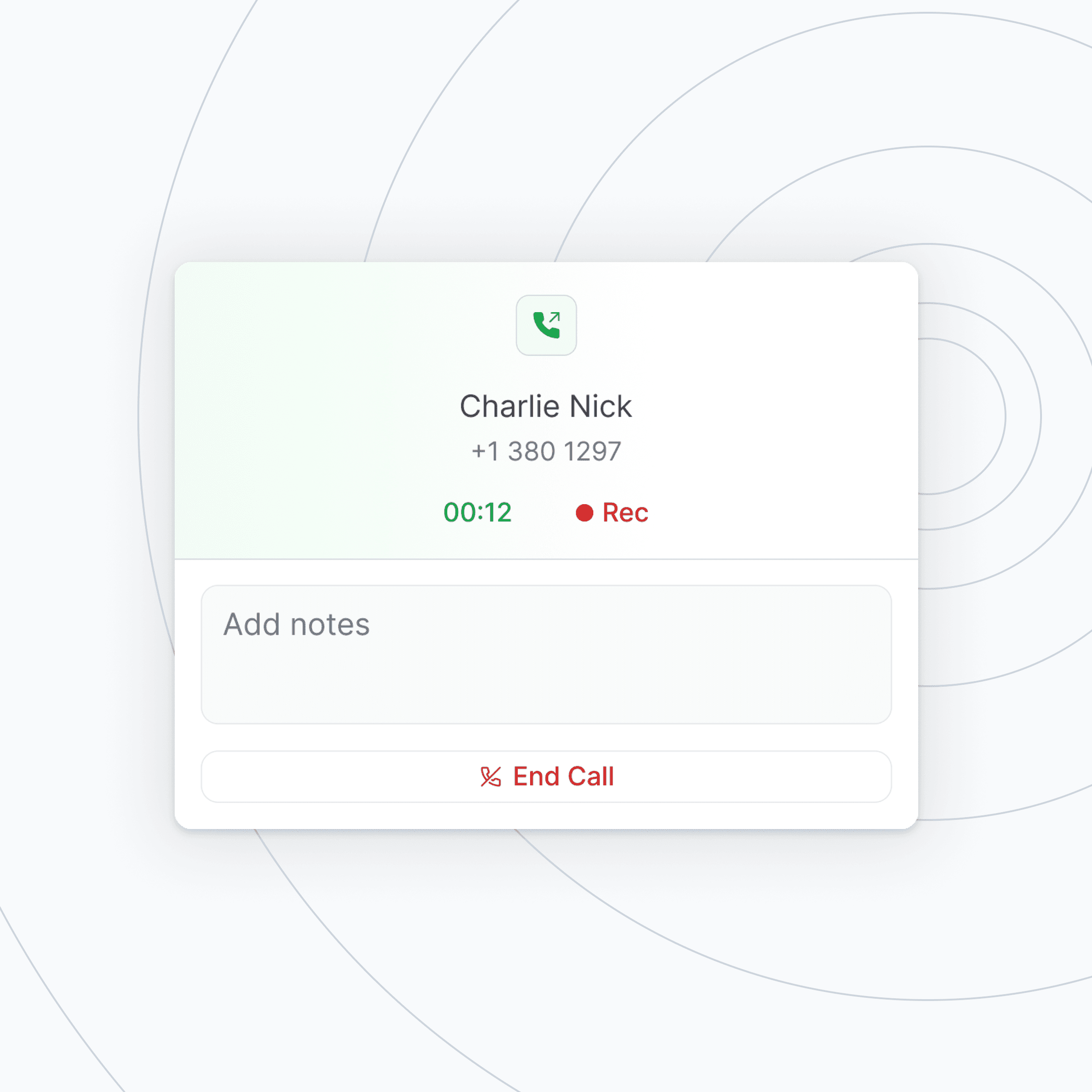 Active call popup with built-in call recorder during a live outbound sales call in Stamina