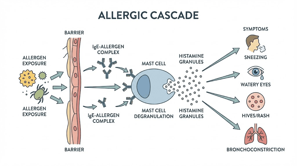 Allergic reaction cascade showing mast cell degranulation and histamine release