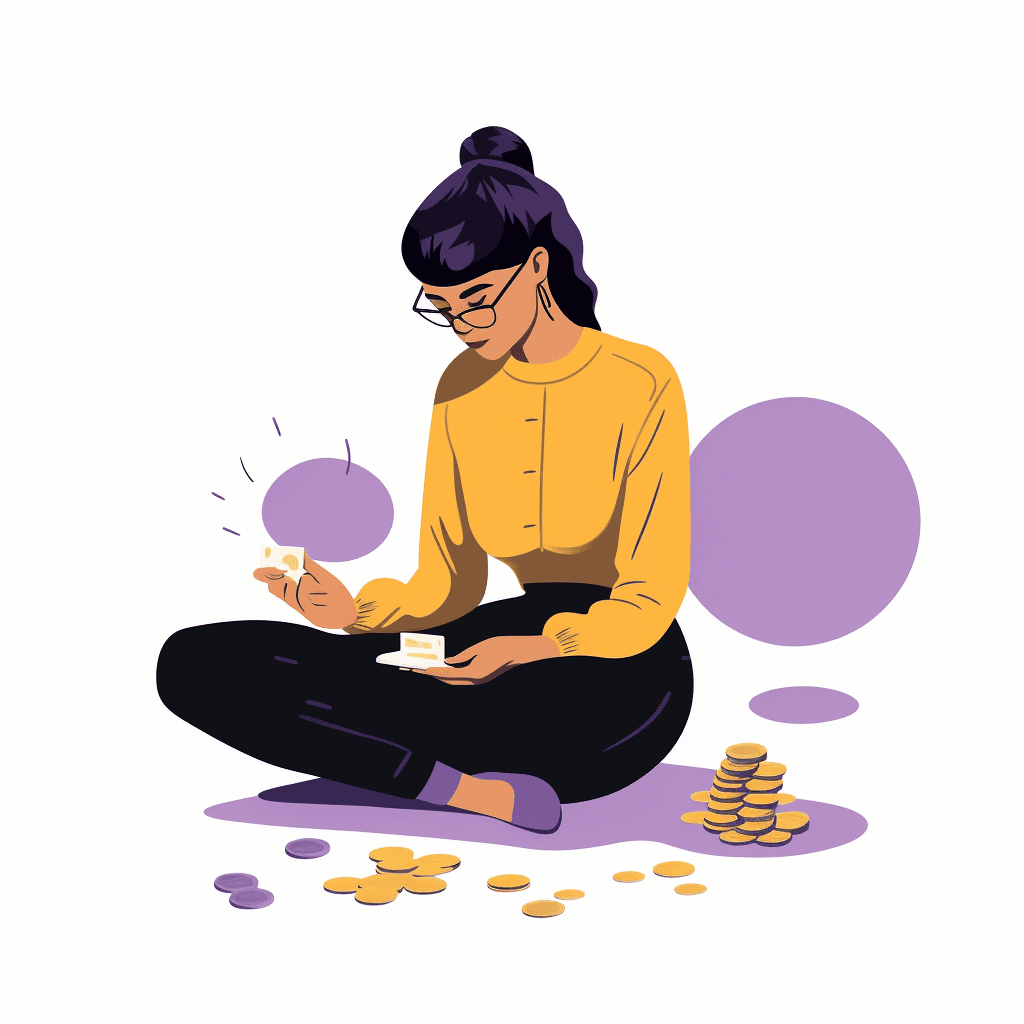 A woman sitting cross-legged on the ground, fixing her finances.