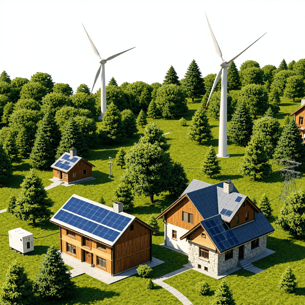 product photography of an illustration of a renewable energy system featuring solar panels, wind turbines, and power lines
