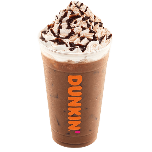 A Dunkin’ Iced Mocha with bold espresso, rich chocolate flavor, and milk, served over ice with a swirl of whipped cream.