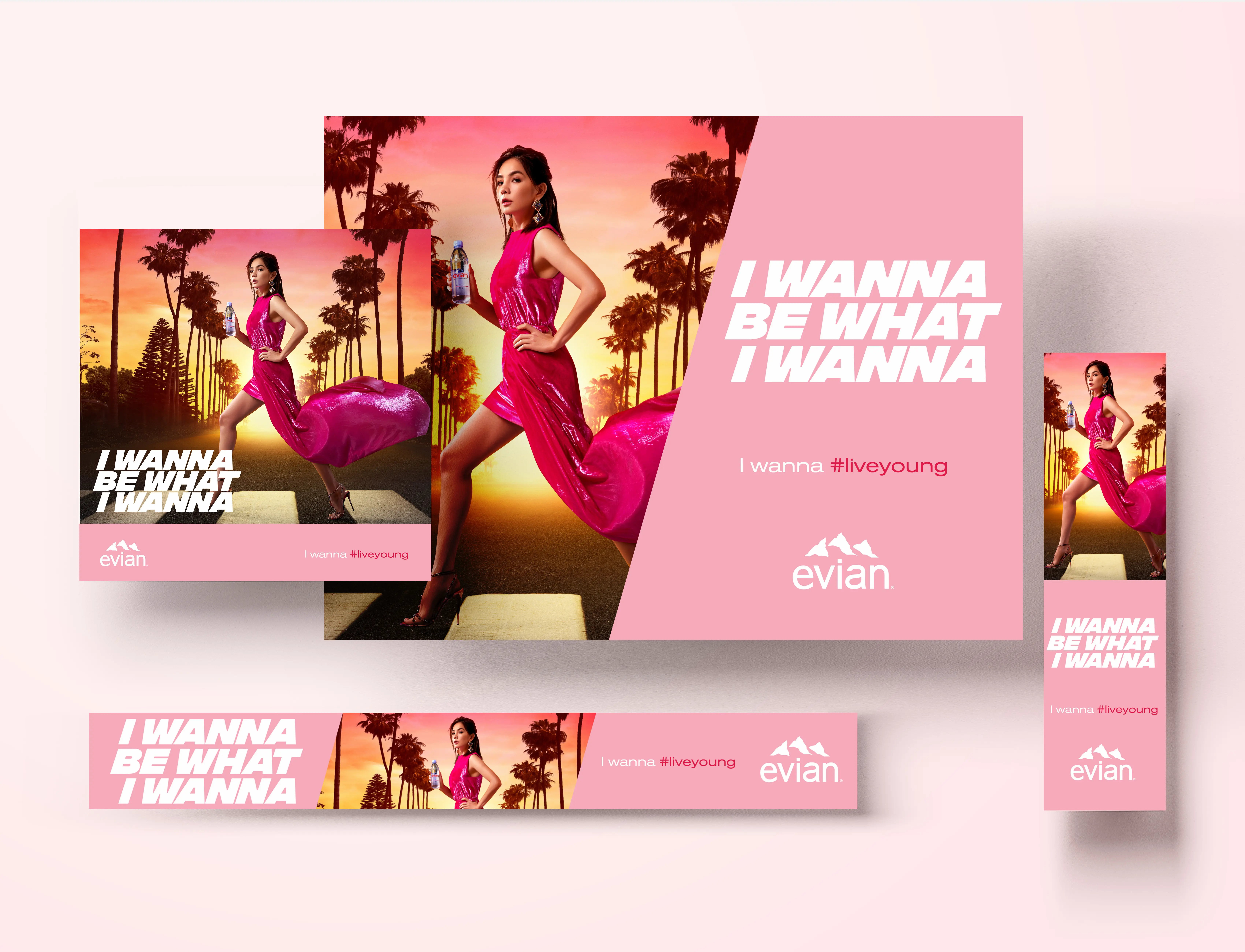 image of facebook banner, instagram post of evian - I wanna #liveyoung featuring ella chen