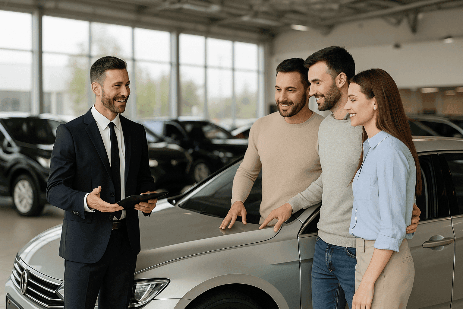 Car salesman showing car to a couple in a dealership.