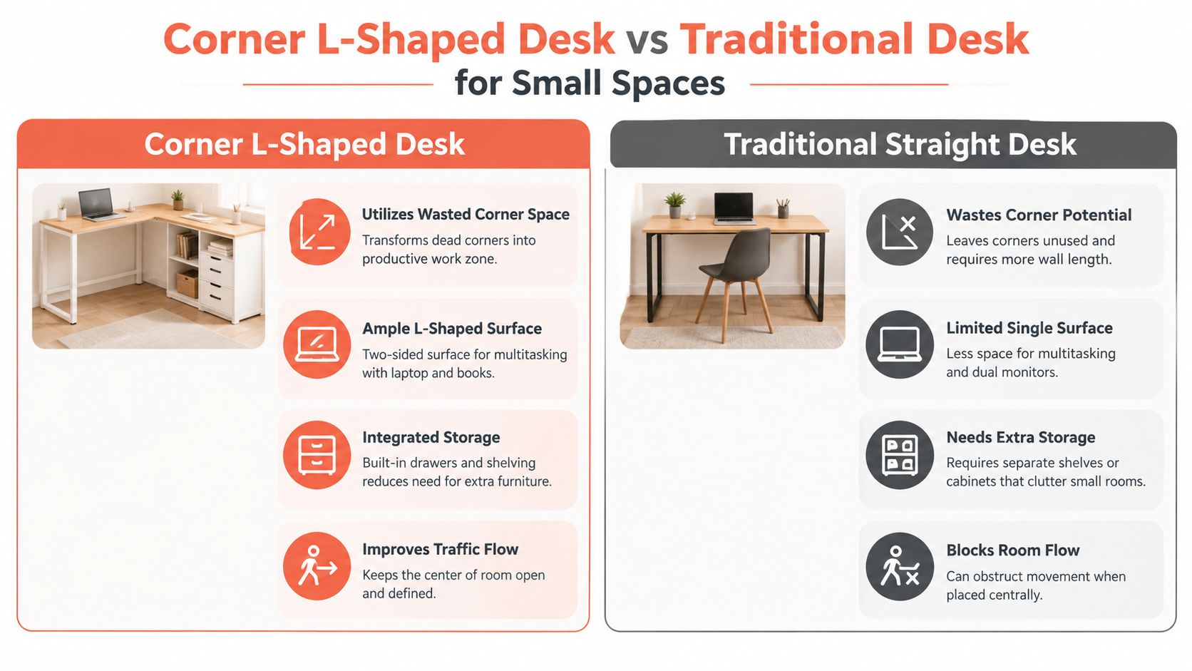 A comparison infographic between a corner L-shaped desk and a traditional straight desk for small offices.
