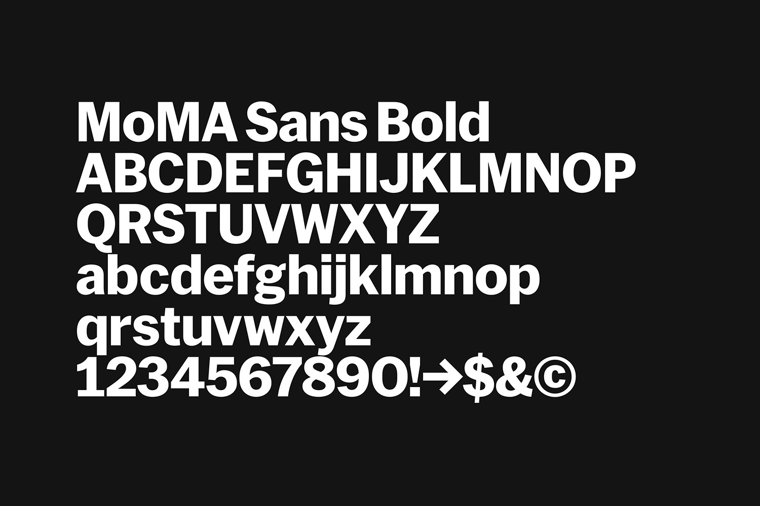 MoMA Sans Bold type specimen showing alphabet and numerals, illustrating the role of custom typography in institutional branding.