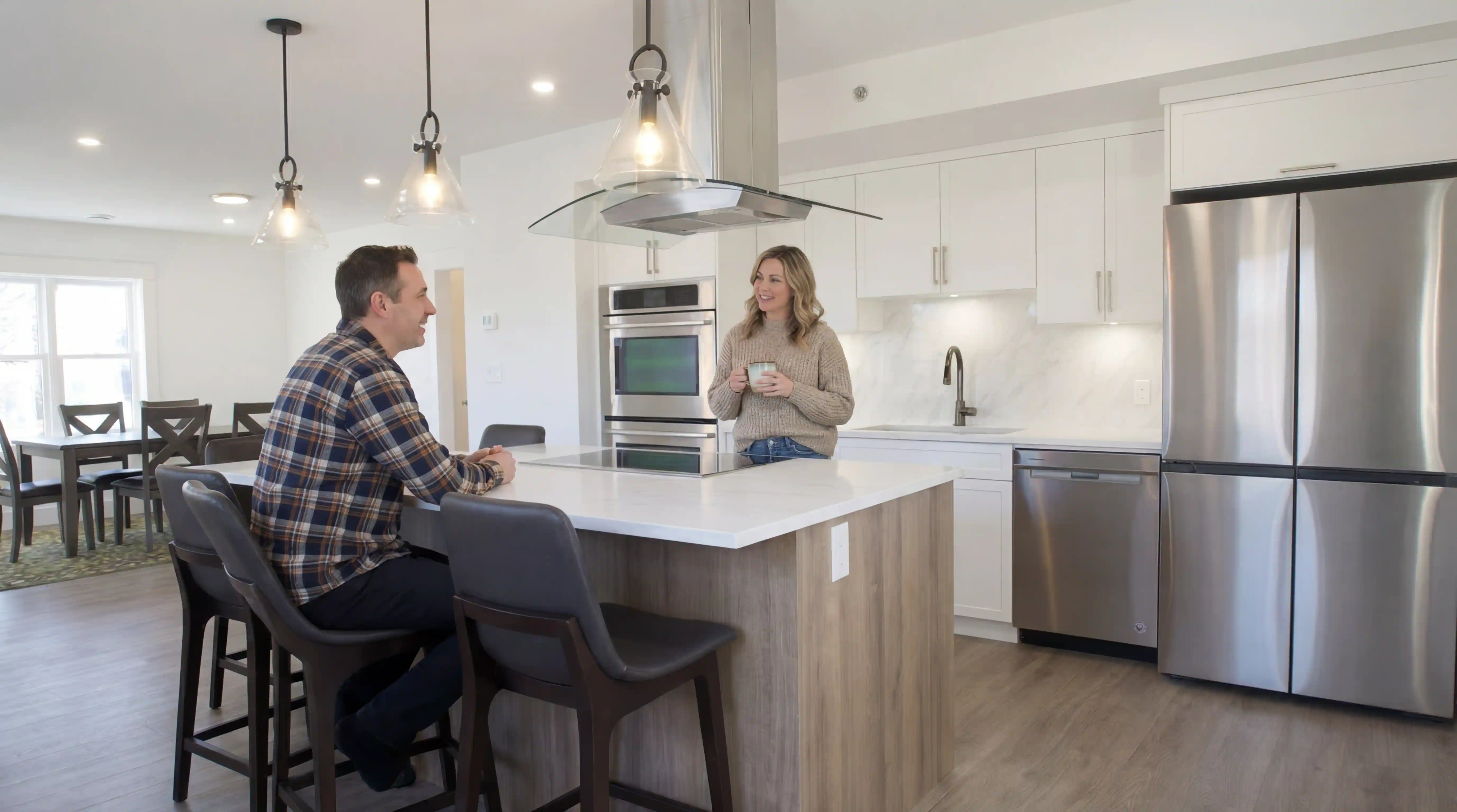 Open-concept kitchen in Vancouver Custom Homes' West 16th multiplex featuring a wood-tone island, white cabinetry, pendant lighting, and stainless appliances in a heritage-converted Vancouver home