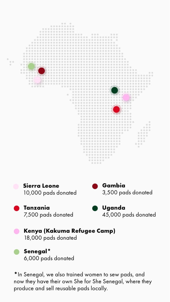 Map illustration highlighting the countries that have received pad donations.