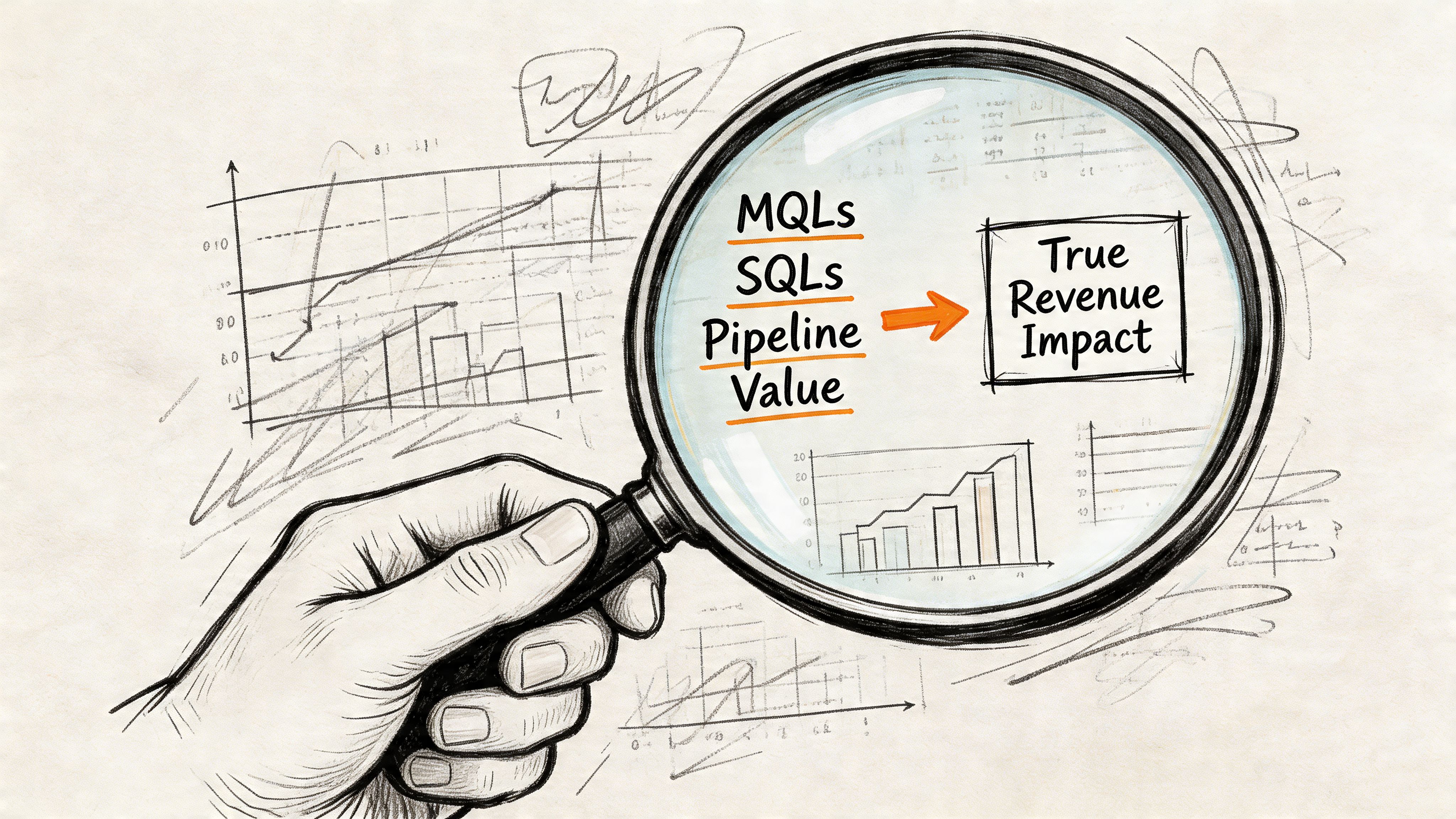 A magnifying glass focusing on business metrics like MQLs, SQLs, and pipeline value leading to true revenue impact.