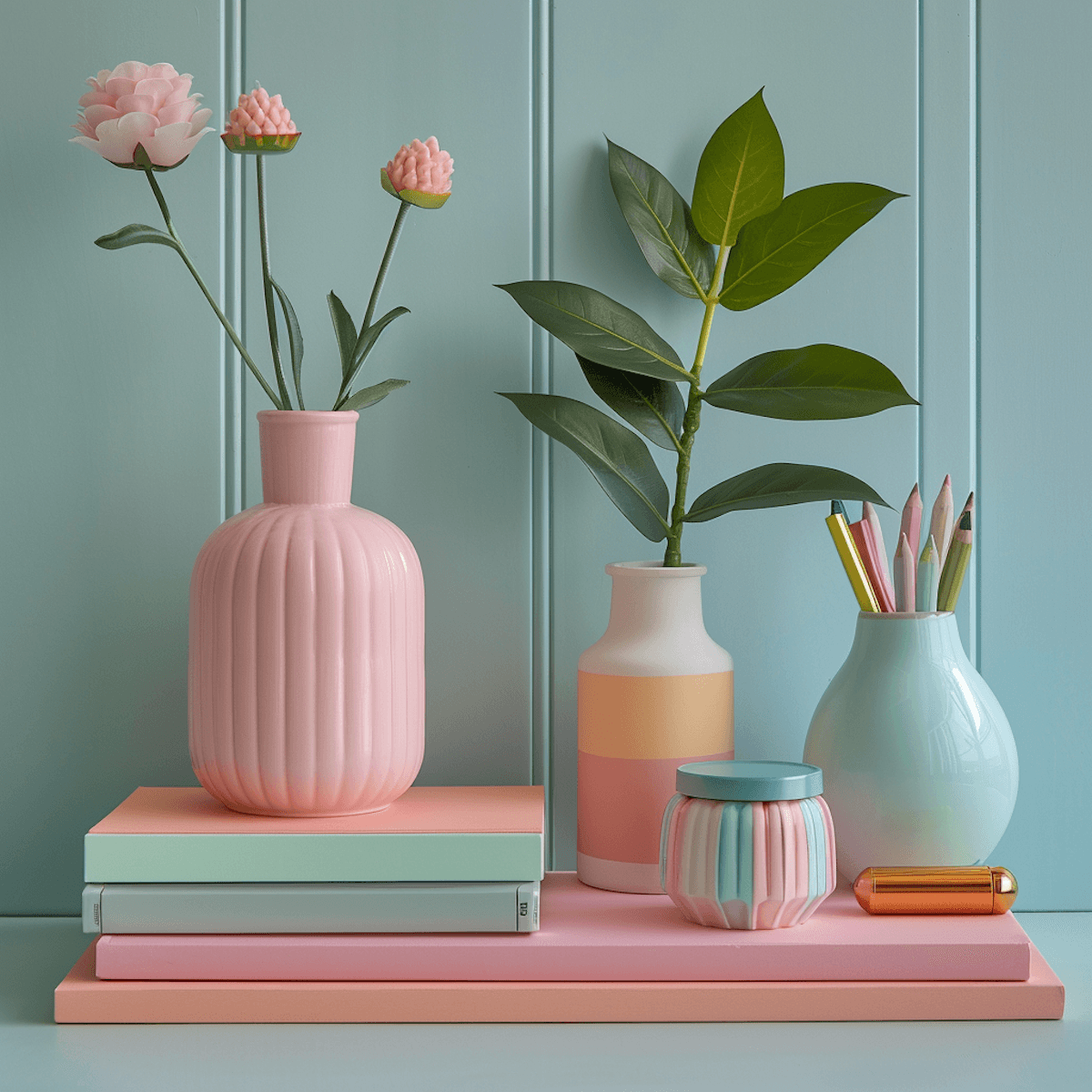 A pile of books with flower vases in pastel colors